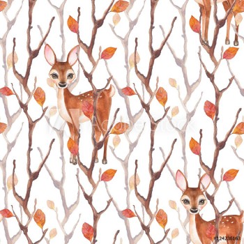 Picture of Watercolor seamless pattern with fawn and autumn forest Hand drawn background 1
